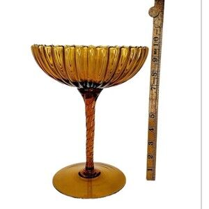 Vintage MCM Empoli Hand Blown Amber Glass Spiral Stem Ribbed Pedestal Candy Dish